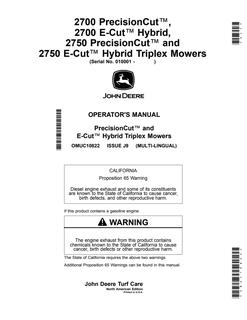 John Deere 2700, 2750 PrecisionCut and E-Cut Hybrid Triplex mower Operator's manual OMUC10822 — actual manual cover