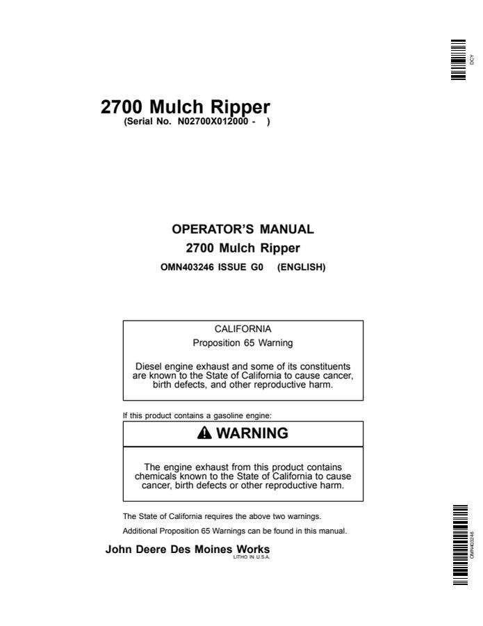 John Deere 2700 Mulch Ripper Operator manual OMN403246 — actual manual cover