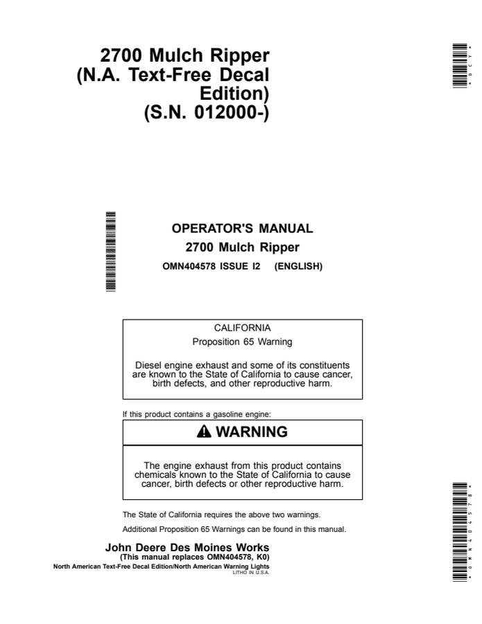 John Deere 2700 Mulch Ripper Operator manual OMN404578 — actual manual cover