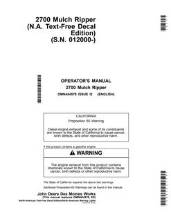 John Deere 2700 Mulch Ripper Operator manual OMN404578 — actual manual cover