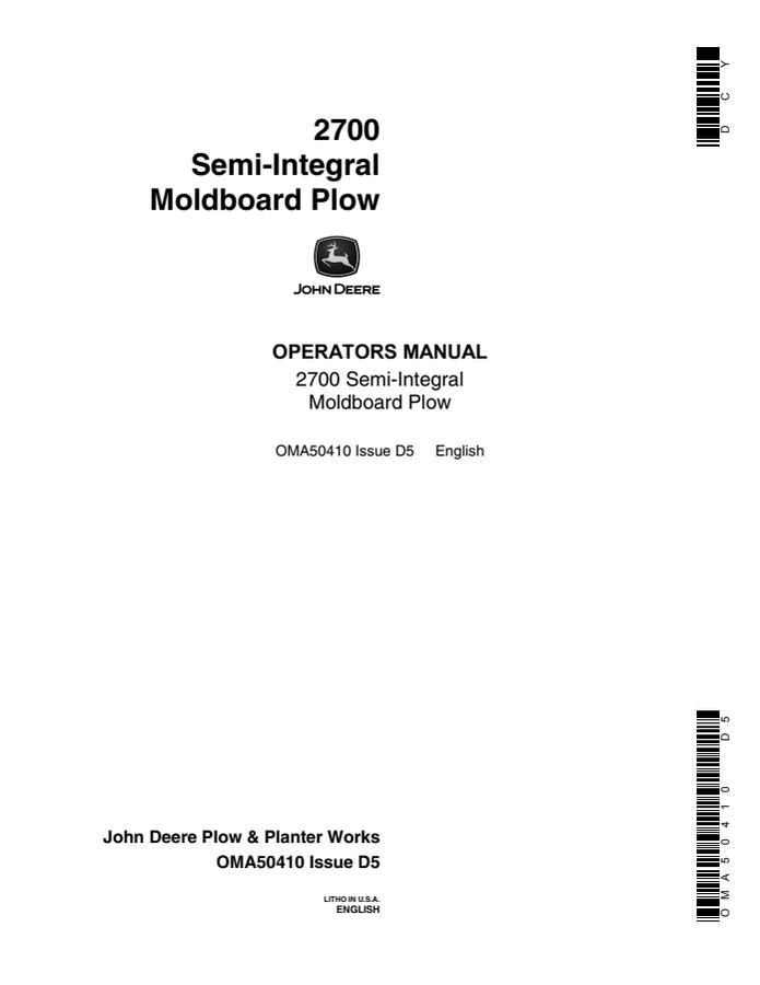 John Deere 2700 Semi-Integral Moldboard plow Operator's manual OMA50410 — actual manual cover