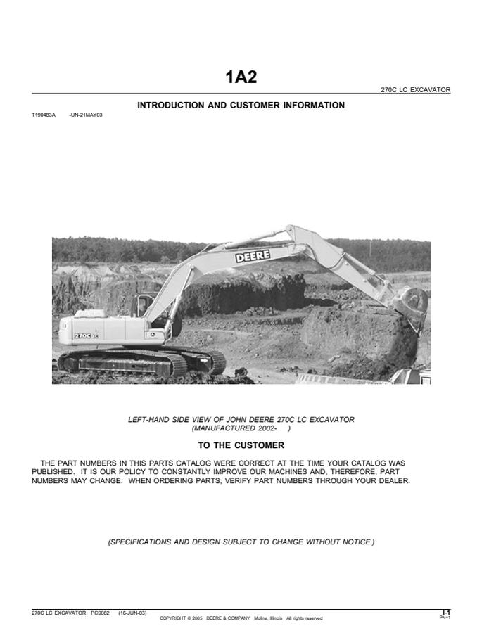 John Deere 270C LC Excavator Parts catalog PC9082 — actual manual cover