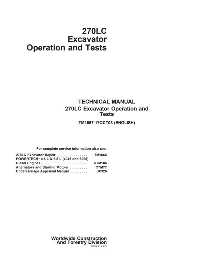 John Deere 270LC Excavator Operation and Tests Technical Manual (TM1667) — actual manual cover