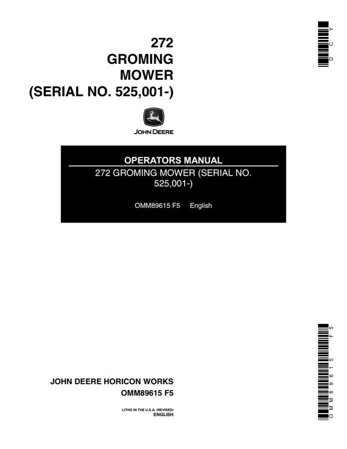 John Deere 272 Grooming Mower Operator manual OMM89615 — actual manual cover