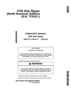 John Deere 2720 Disk Ripper Operator manual OMKK37757 — actual manual cover