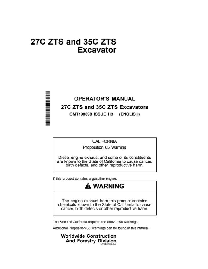 John Deere 27C ZTS, 35C ZTS Excavator Operator manual OMT190898 — actual manual cover