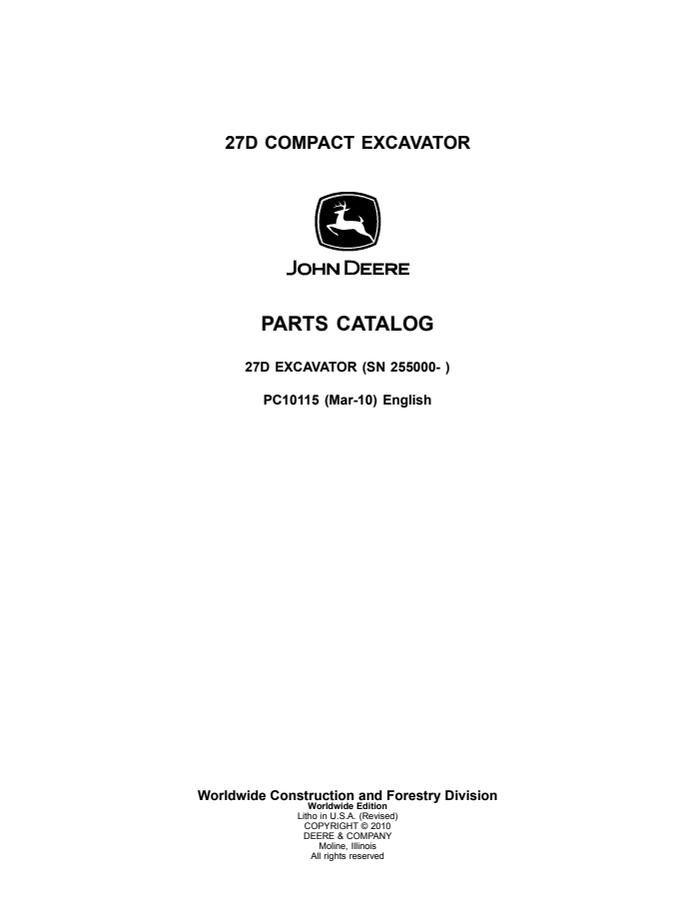 John Deere 27D Compact Excavator Parts catalog PC10115 — actual manual cover