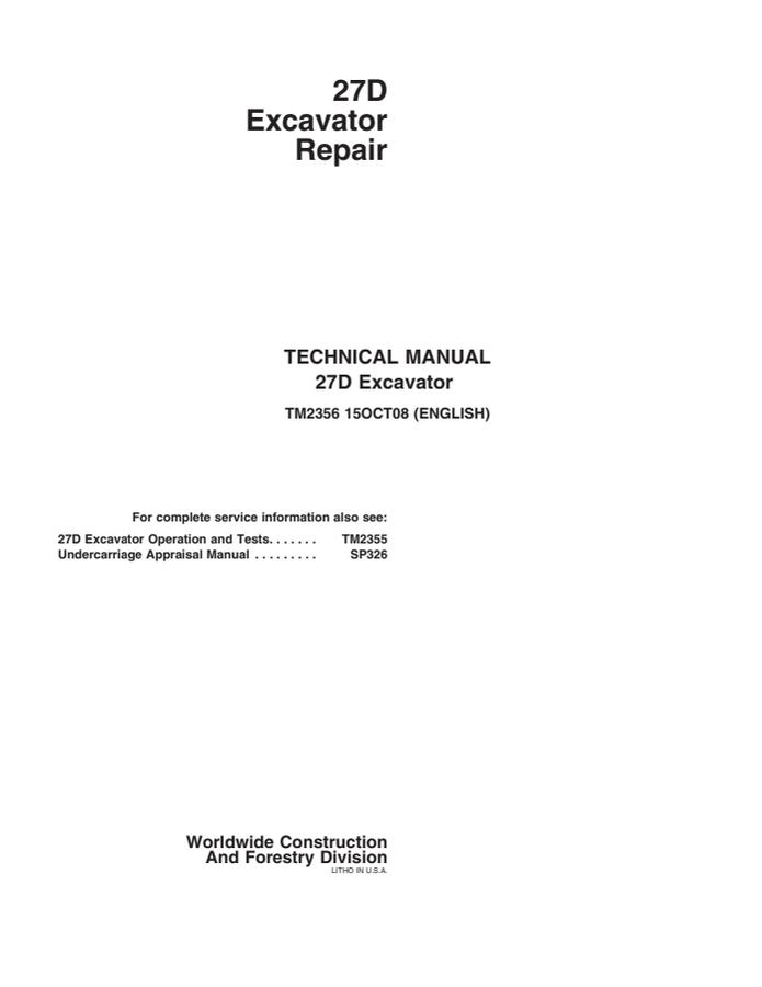 John Deere 27D Excavator Repair technical manual TM2356 — actual manual cover