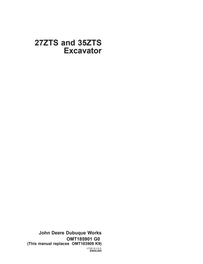 John Deere 27ZTS, 35ZTS Excavator Operator manual OMT185901 — actual manual cover