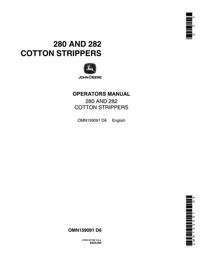 John Deere 280, 282 Cotton Stripper Operator manual OMN159091 — actual manual cover
