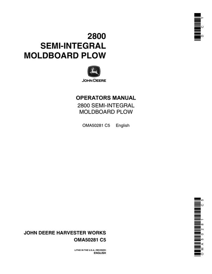 John Deere 2800 Semi-Integral Moldboard Plow Operator manual OMA50281 — actual manual cover