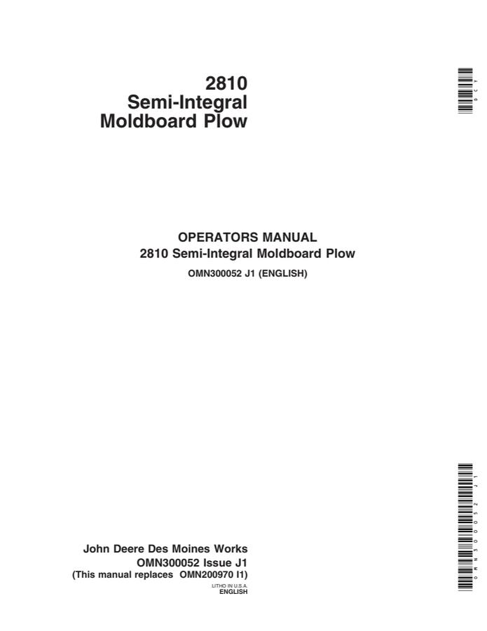 John Deere 2810 Semi-Integral Moldboard Plow Operator manual OMN300052 — actual manual cover
