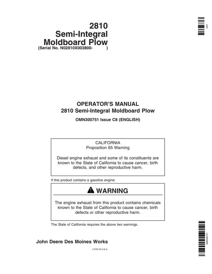 John Deere 2810 Semi-Integral Moldboard Plow Operator manual OMN300751 — actual manual cover