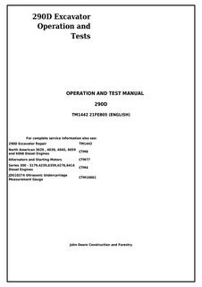 John Deere 290D Excavator Operation and tests manual TM1442 — actual manual cover