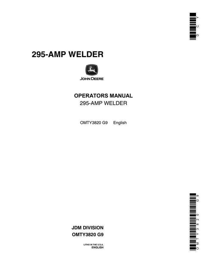 John Deere 295-AMP Welder Operator manual OMTY3820 — actual manual cover