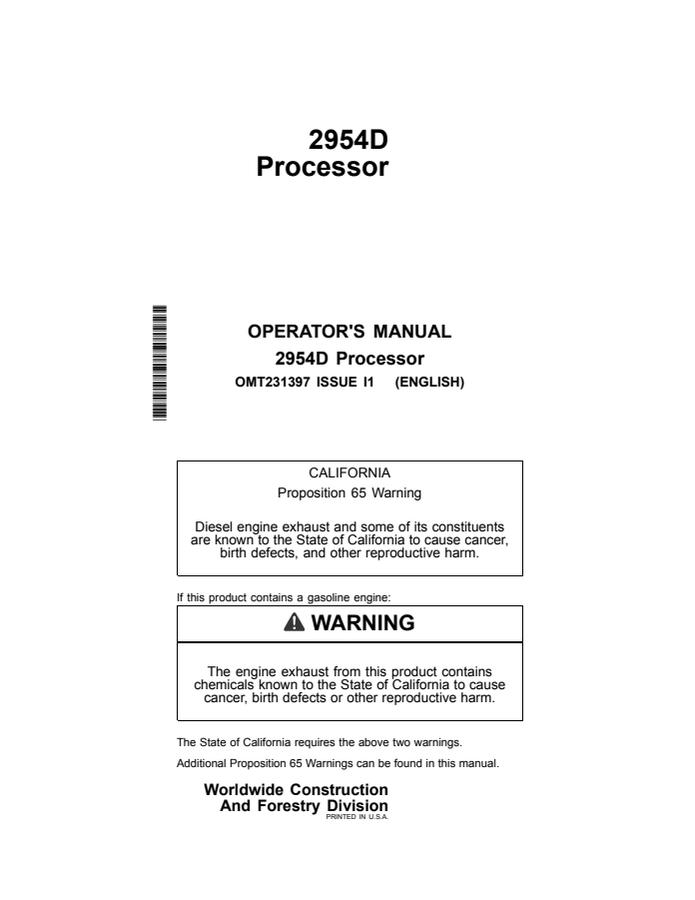 John Deere 2954D Processor Operator manual OMT231397 — actual manual cover