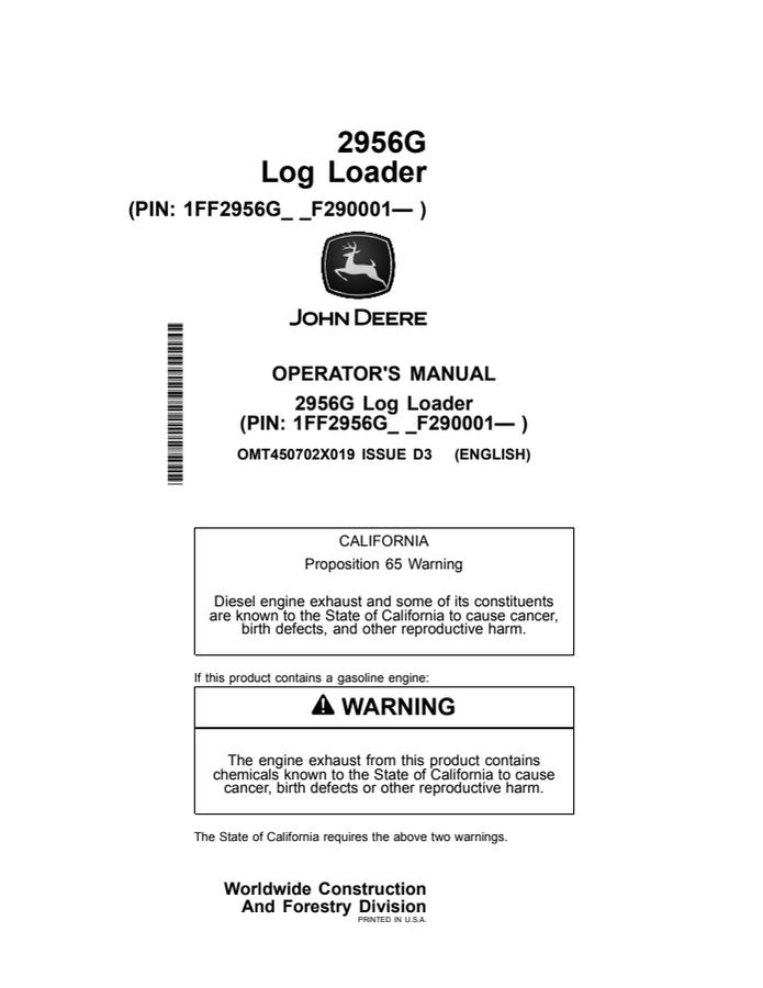 John Deere 2956G Log Loader Operator manual OMT450702X01 — actual manual cover