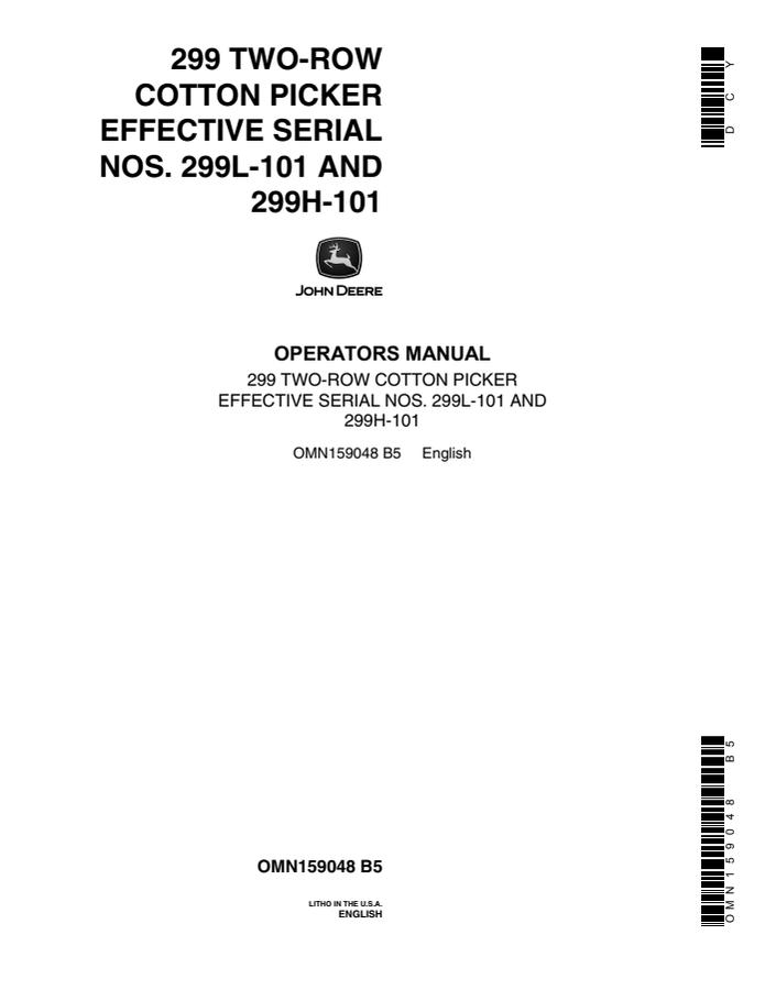 John Deere 299 Two-Row Cotton Picker Operator manual OMN159048 — actual manual cover