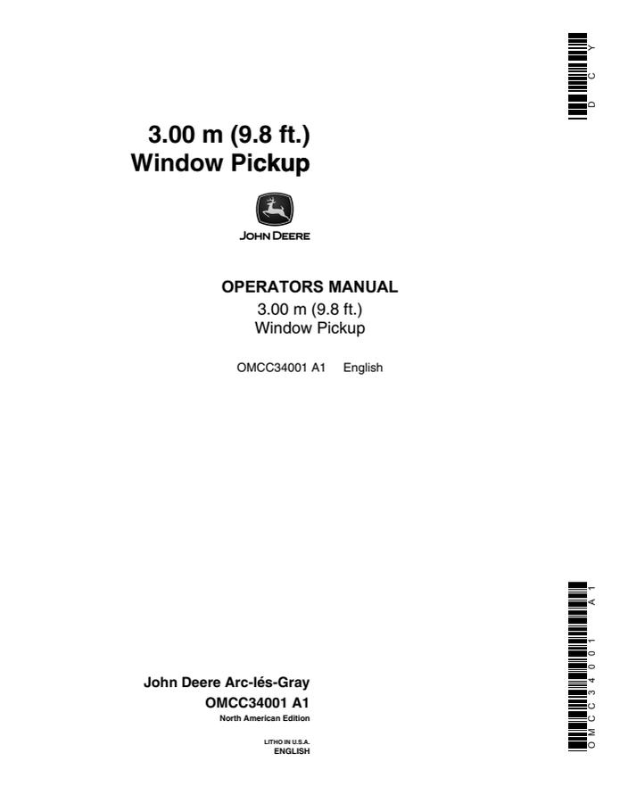 John Deere 3.00 m (9.8 ft.) Window Pickup Operator manual OMCC34001 — actual manual cover