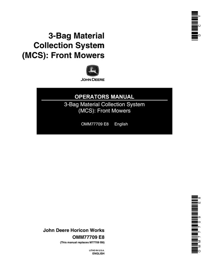 John Deere 3-Bag Material Collection System for Front Mowers Operators manual — actual manual cover