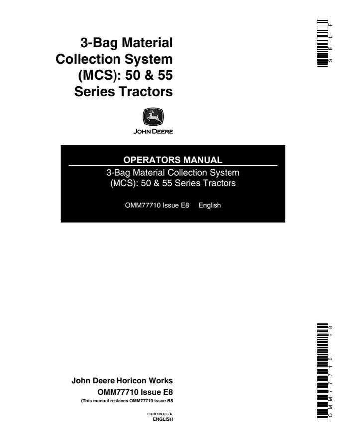 John Deere 3-Bag MCS for 50 and 55 Series Material Collection System Operator manual OMM77710 — actual manual cover