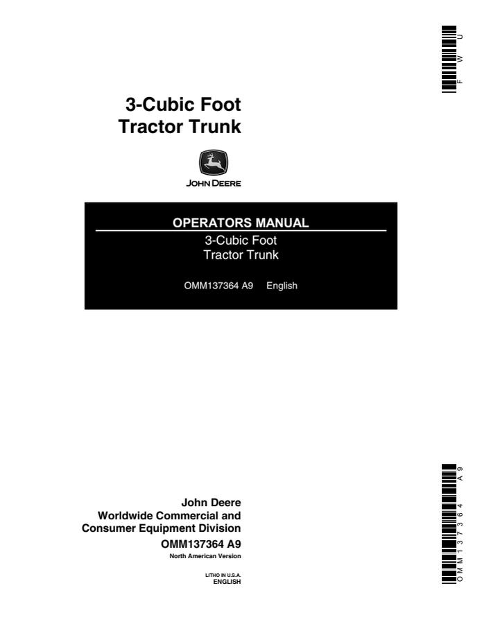 John Deere 3-Cubic Foot Tractor Trunk Operator manual OMM137364 — actual manual cover