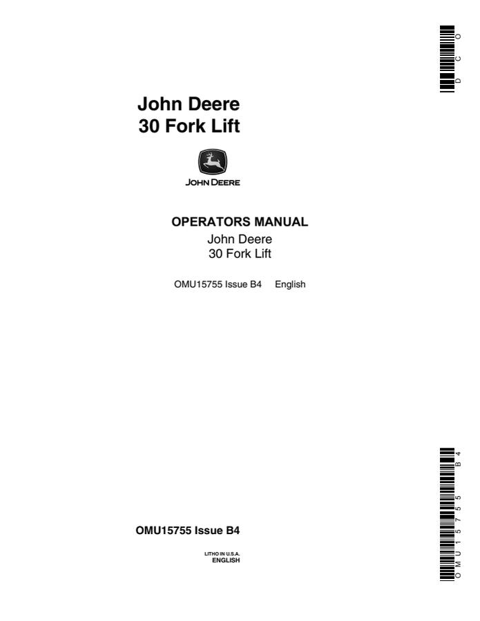 John Deere 30 Fork Lift Operators manual — actual manual cover