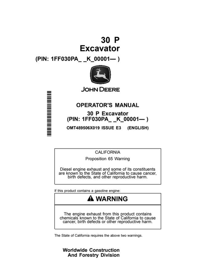 John Deere 30 P Excavator Operator manual OMT489506X01 — actual manual cover