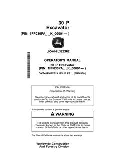 John Deere 30 P Excavator Operator manual OMT489506X01 — actual manual cover