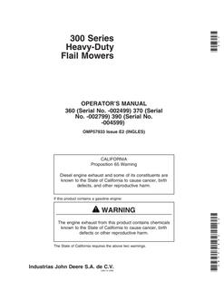 John Deere 300 Series 360, 370, 390 Heavy-Duty Flail Mower Operator manual OMP57933 — actual manual cover