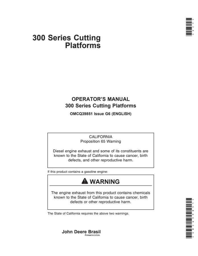 John Deere 300 Series Cutting Platform Operator manual OMCQ39851 — actual manual cover
