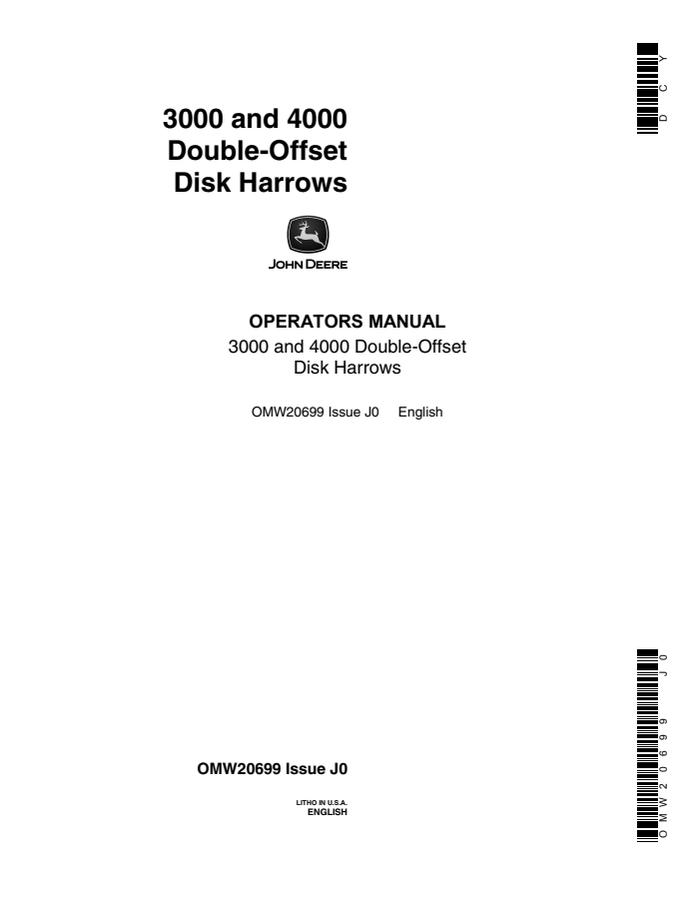 John Deere 3000, 4000 Disk harrow Operators manual OMW20699 — actual manual cover