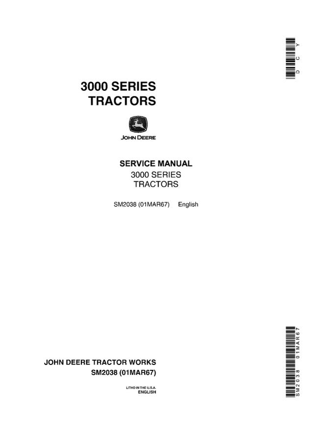 John Deere 3000 Series Tractor Service manual SM2038 — actual manual cover