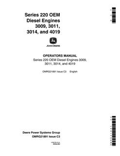 John Deere 3009, 3011, 3014, 4019 Diesel engine Operator Manual OMRG21891 — actual manual cover
