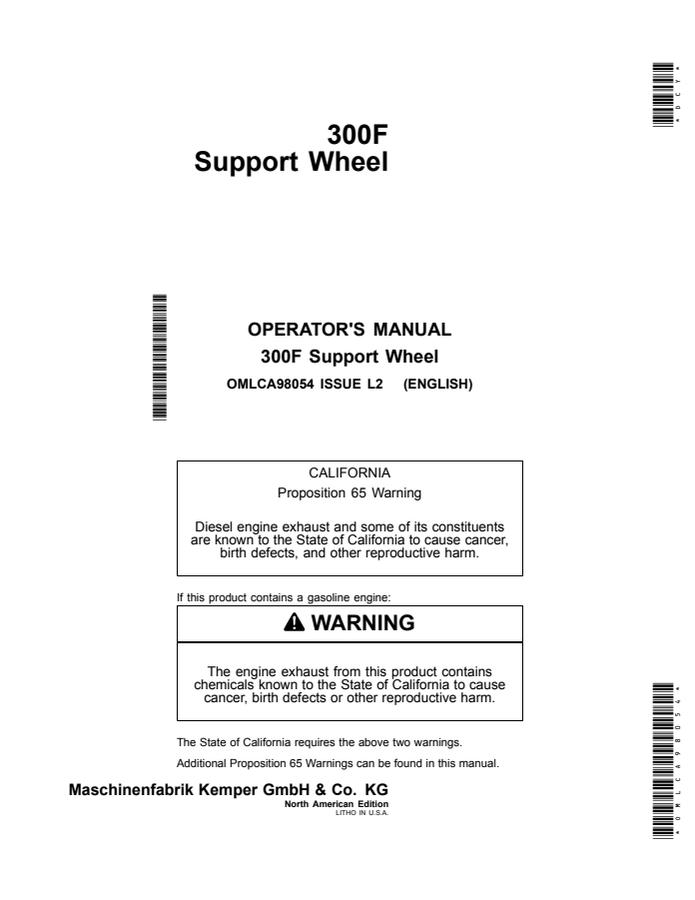 John Deere 300F Support Wheel Operator manual OMLCA98054 — actual manual cover