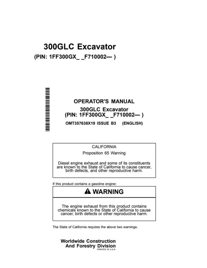 John Deere 300GLC Excavator Operator manual OMT357638X19 — actual manual cover