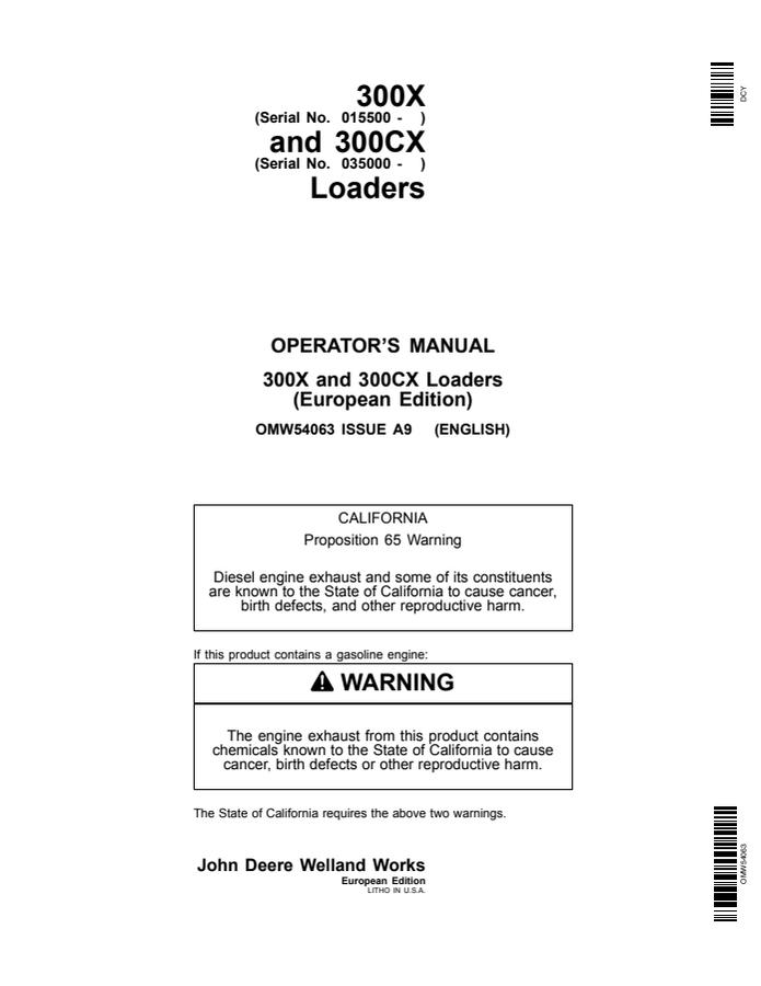 John Deere 300X, 300CX Loader Operator manual OMW54063 — actual manual cover