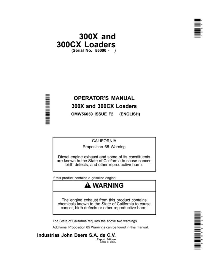 John Deere 300X, 300CX Loader Operator manual OMW56059 — actual manual cover