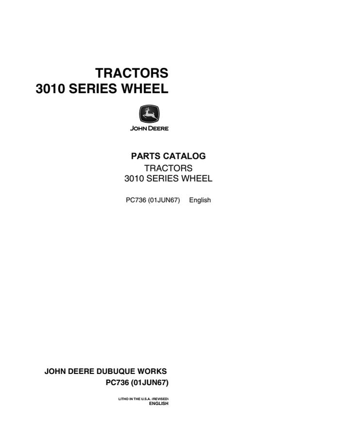 John Deere 3010 Series Wheel Tractors Parts Catalog — actual manual cover