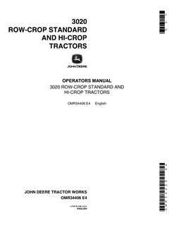 John Deere 3020 Row-Crop Standard, Hi-Crop Tractor Operator manual OMR34406 — actual manual cover
