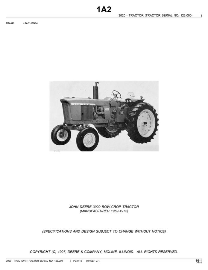 John Deere 3020 Row-Crop Tractor Parts Catalog PC1115 — actual manual cover