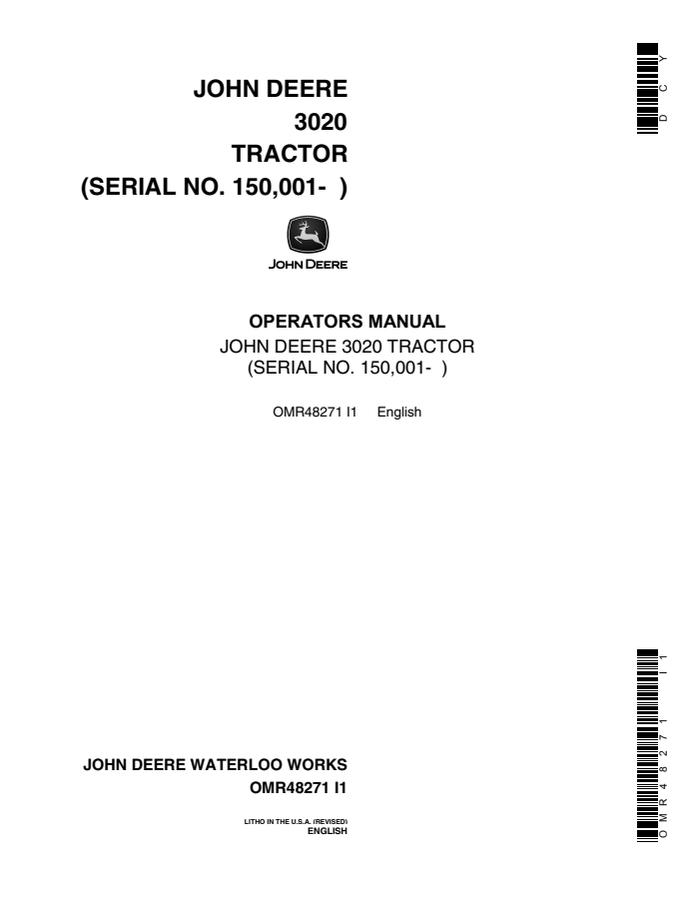John Deere 3020 Tractor Operator manual OMR48271 — actual manual cover