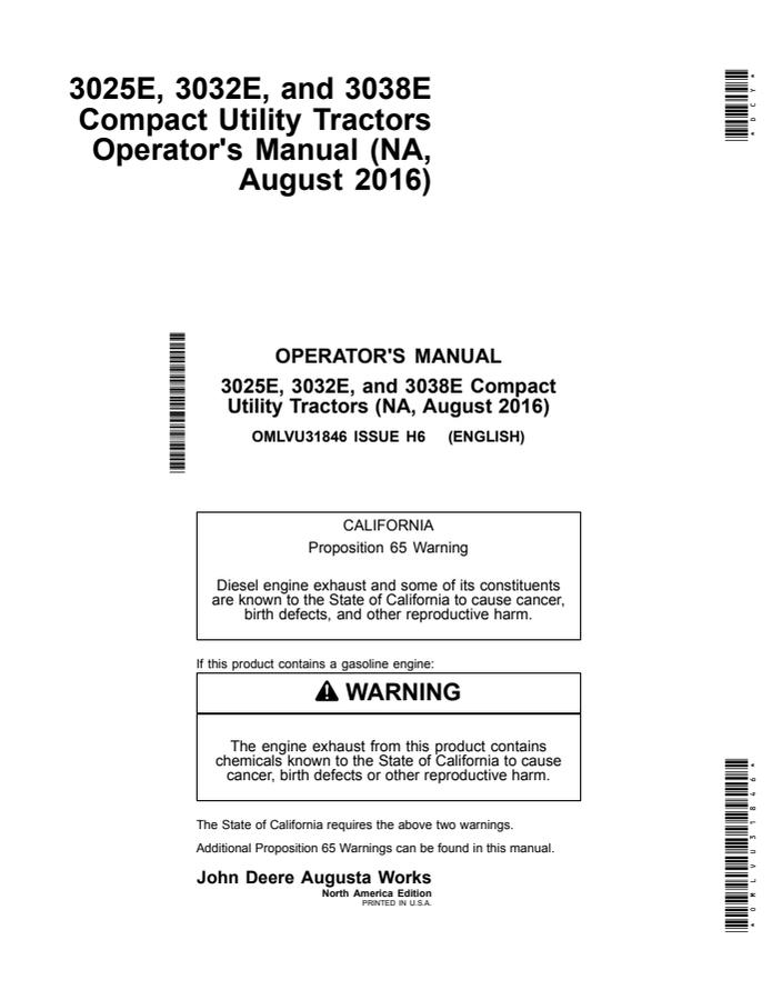 John Deere 3025E, 3032E, 3038E Compact Utility Tractor Operator manual OMLVU31846 — actual manual cover