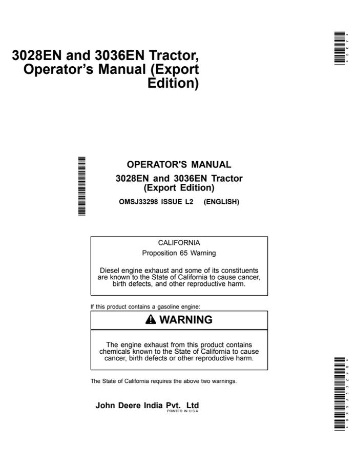 John Deere 3028EN, 3036EN Tractor Operator manual OMSJ33298 — actual manual cover