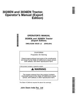 John Deere 3028EN, 3036EN Tractor Operator manual OMSJ33298 — actual manual cover