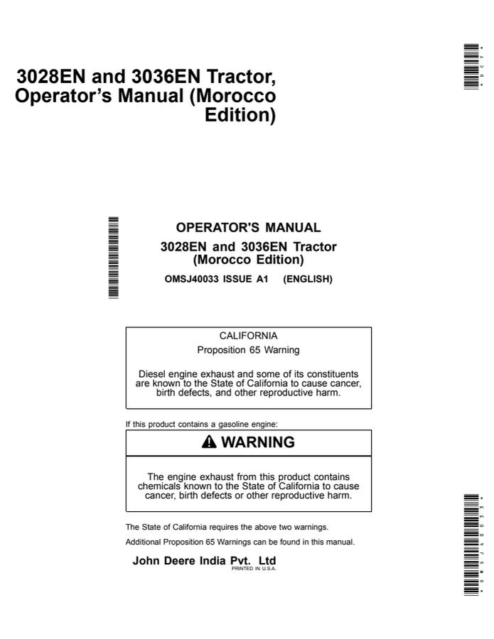 John Deere 3028EN, 3036EN Tractor Operator manual OMSJ40033 — actual manual cover