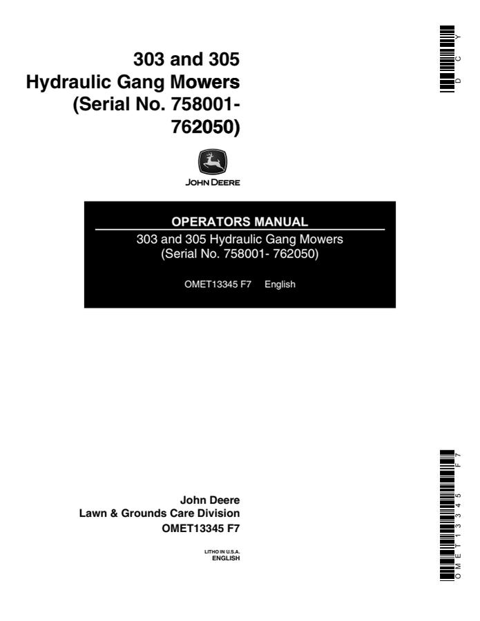 John Deere 303, 305 Hydraulic Gang Mower Operator manual OMET13345 — actual manual cover
