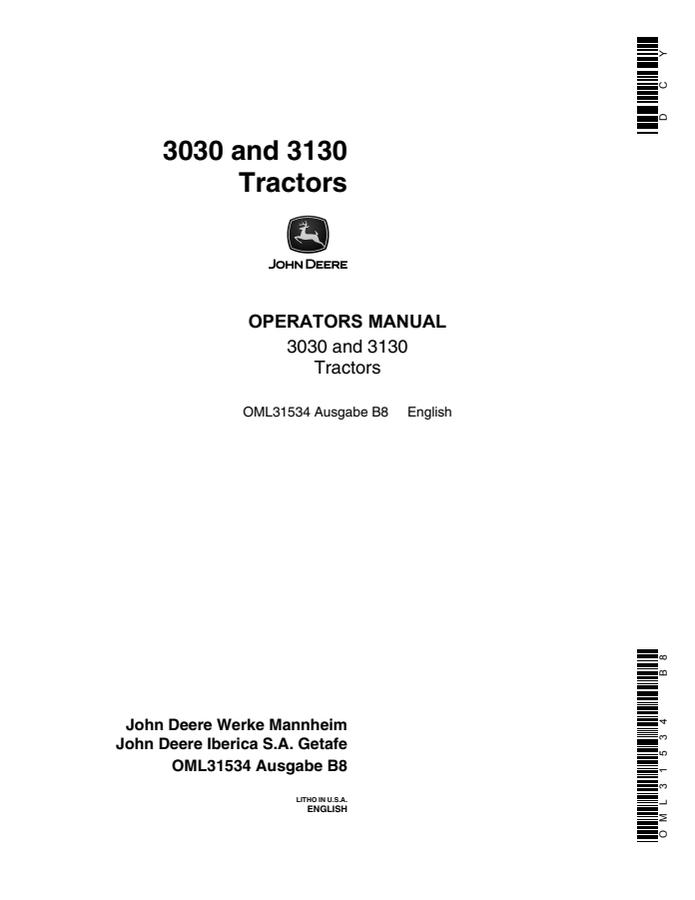 John Deere 3030, 3130 Tractor Operator manual OML31534 — actual manual cover