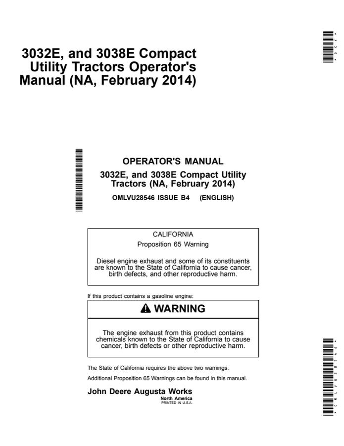 John Deere 3032E, 3038E Compact Utility Tractor Operator manual OMLVU28546 — actual manual cover
