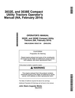 John Deere 3032E, 3038E Compact Utility Tractor Operator manual OMLVU28546 — actual manual cover